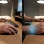 A candid, split-screen photograph in a dimly lit home office setting