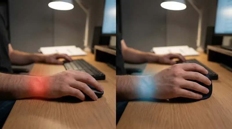 A candid, split-screen photograph in a dimly lit home office setting